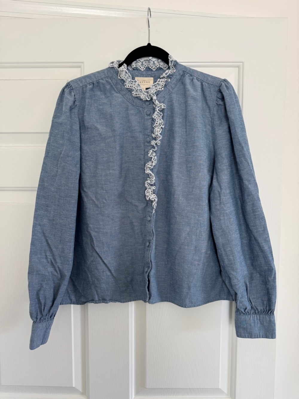 Sezane Chambray Blue Lace-Trim Blouse